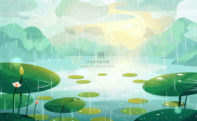 夏日荷花盛开暴雨天气山水花处暑小暑卡通插画背景 夏日荷花盛开暴雨天气山水花处暑小暑卡通插画背景