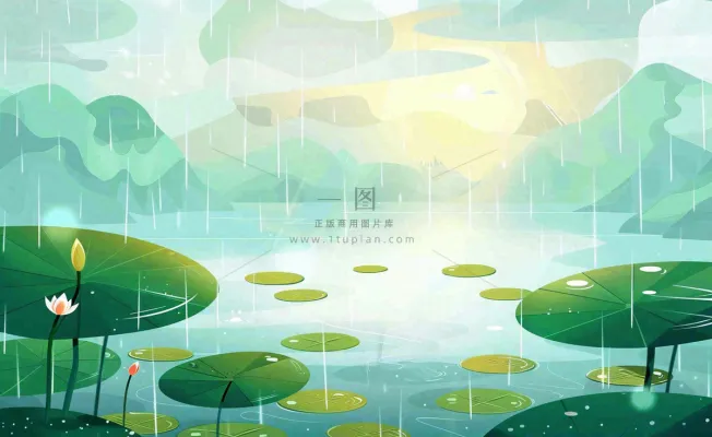 夏日荷花盛开暴雨天气山水花处暑小暑卡通插画背景 夏日荷花盛开暴雨天气山水花处暑小暑卡通插画背景