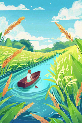 春天小麦田里的河流女孩坐船小麦麦穗小满芒种惊蛰卡通插画背景