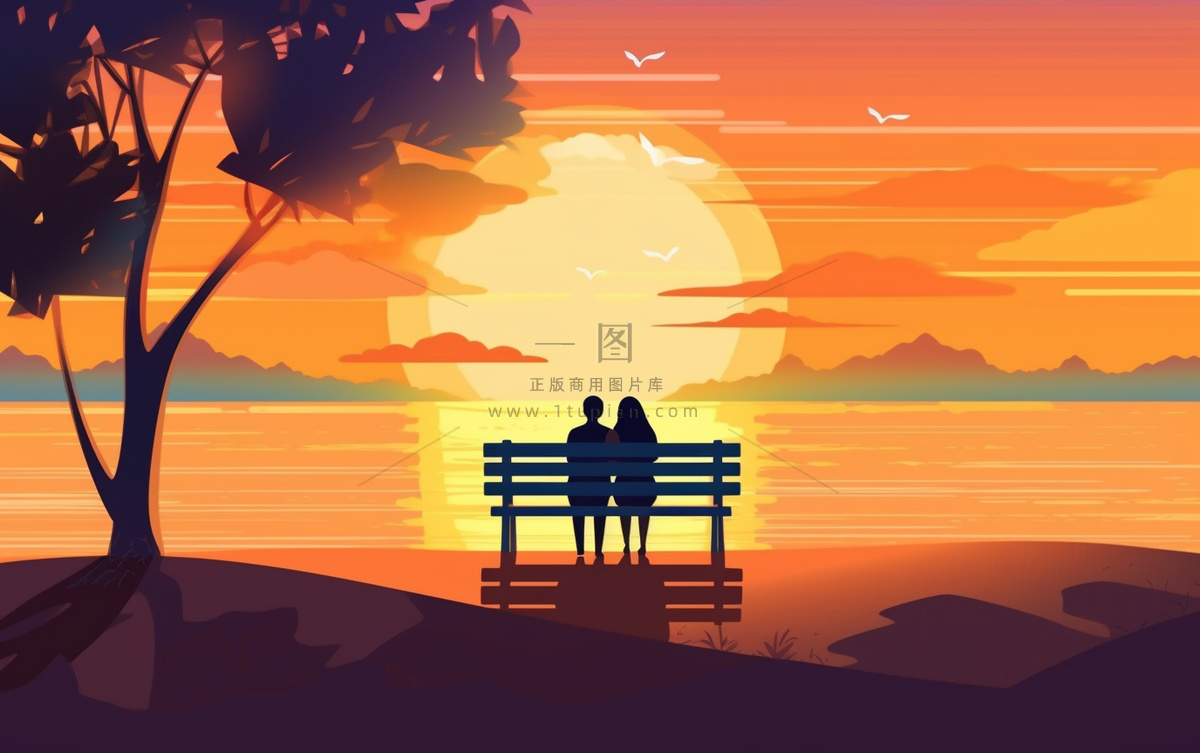 夕阳晚霞日楼情侣剪影橘红背景