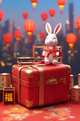 新年春节白兔坐在礼物礼盒灯火灯笼喜庆摄影图