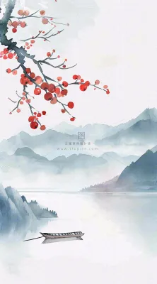 中国风山水秋冬柿子树霜降插画背景 中国风山水秋冬柿子树霜降插画背景