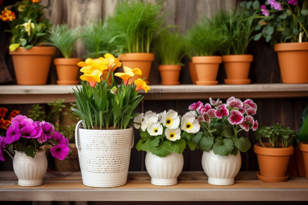 花架上种着很多植物鲜花摄影图