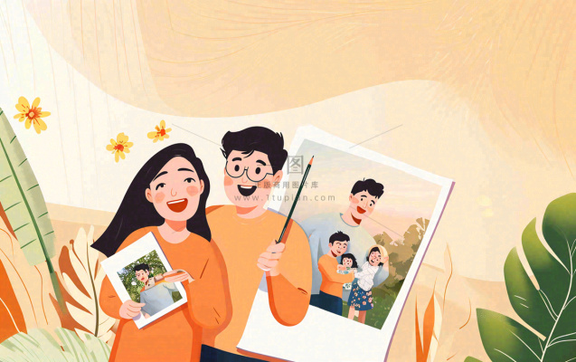 温馨家庭简约合照，橙色渐变绿叶绿植手绘插画