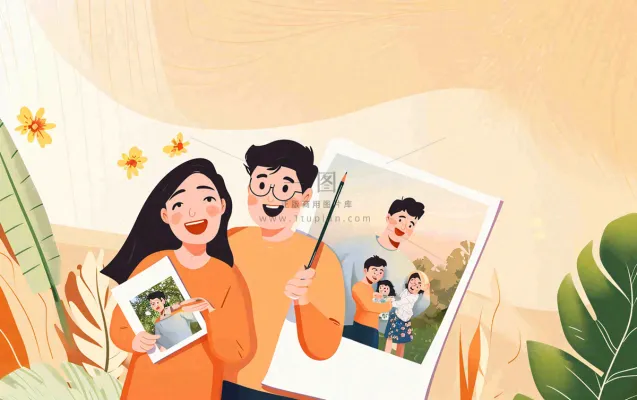 温馨家庭简约合照，橙色渐变绿叶绿植手绘插画