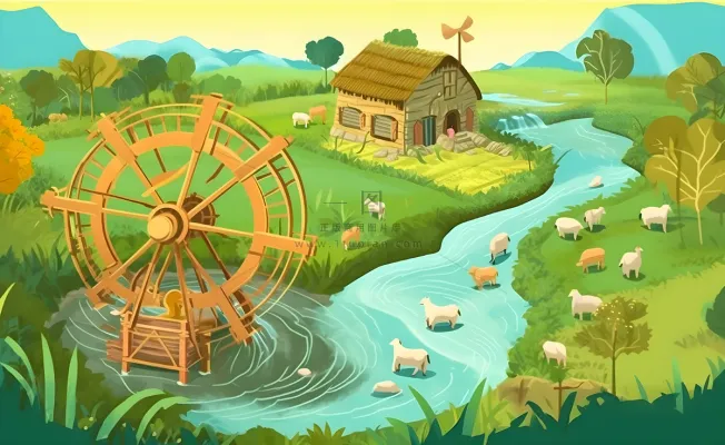 春天田园绿色自然风车水河流畜牧插画素材背景 春天田园绿色自然风车水河流畜牧插画素材背景