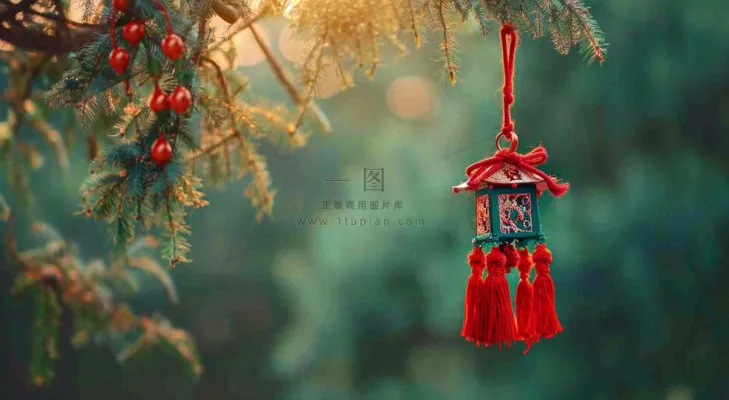 端午节树枝上挂着香囊艾叶香包祈福摄影图