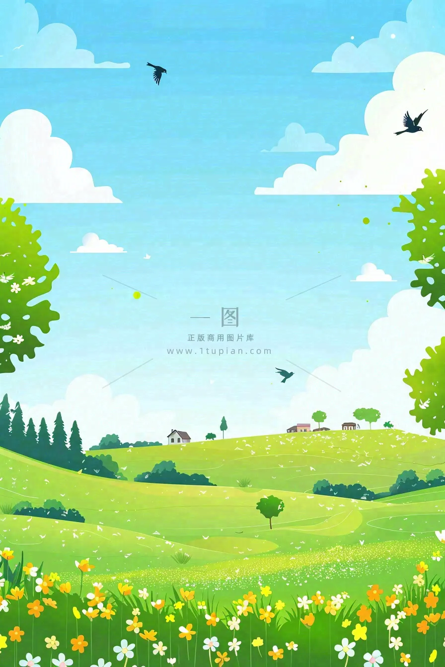 春天绿草地蓝天白云立春春分惊蛰小满卡通插画背景
