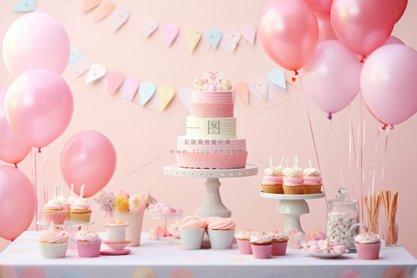 生日蛋糕派对气球粉色庆祝生日摄影图