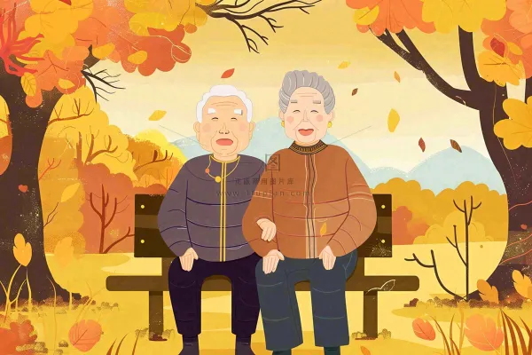秋天公园长椅坐着的老年夫妻老人互相陪伴黄树落叶重阳佳节卡通插画背景 秋天公园长椅坐着的老年夫妻老人互相陪伴黄树落叶重阳佳节卡通插画背景