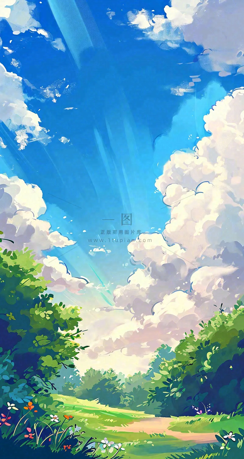 蓝天白云小花绿树树木草地插画手绘,春天春分