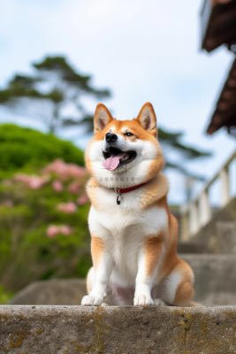 一只可爱的柴犬宠物狗坐着台阶上开心摄影图