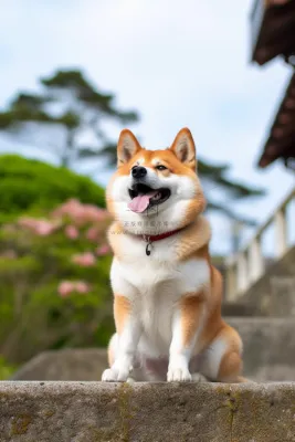 一只可爱的柴犬宠物狗坐着台阶上开心摄影图