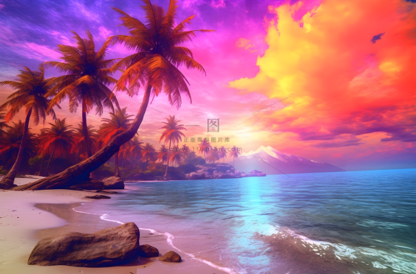 有棕榈树的海滩和清澈的海滩傍晚晚霞红色风格插画背景