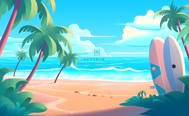 海边度假沙滩椰树冲浪天空插画背景