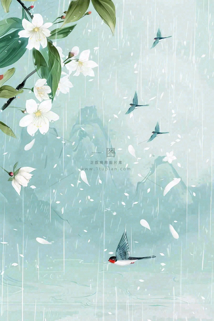 春天梅雨季山间燕子白花花朵雨水谷雨惊蛰寒露水墨插画背景