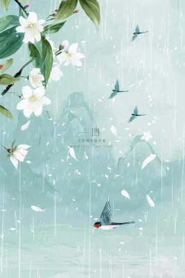春天梅雨季山间燕子白花花朵雨水谷雨惊蛰寒露水墨插画背景 春天梅雨季山间燕子白花花朵雨水谷雨惊蛰寒露水墨插画背景