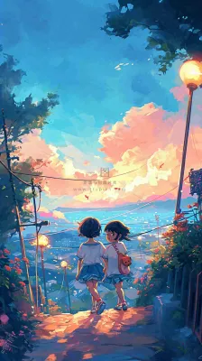 清新蓝天白云儿童路边行走手绘插画,花丛草地植物 清新蓝天白云儿童路边行走手绘插画,花丛草地植物