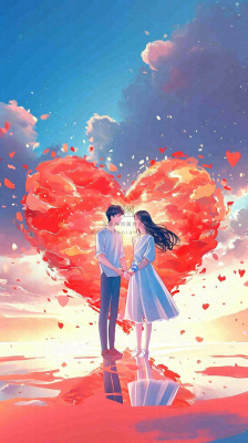 情人节浪漫情人爱心落日蓝天唯美,情侣亲吻爱情,卡通手绘插画 情人节浪漫情人爱心落日蓝天唯美,情侣亲吻爱情,卡通手绘插画