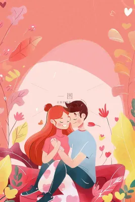 粉色恋爱情人恋人相拥鲜花丛浪漫梦幻七夕情人节插画背景