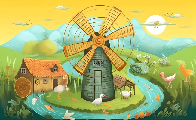 春天田园绿色自然风车水河流畜牧插画素材背景 春天田园绿色自然风车水河流畜牧插画素材背景