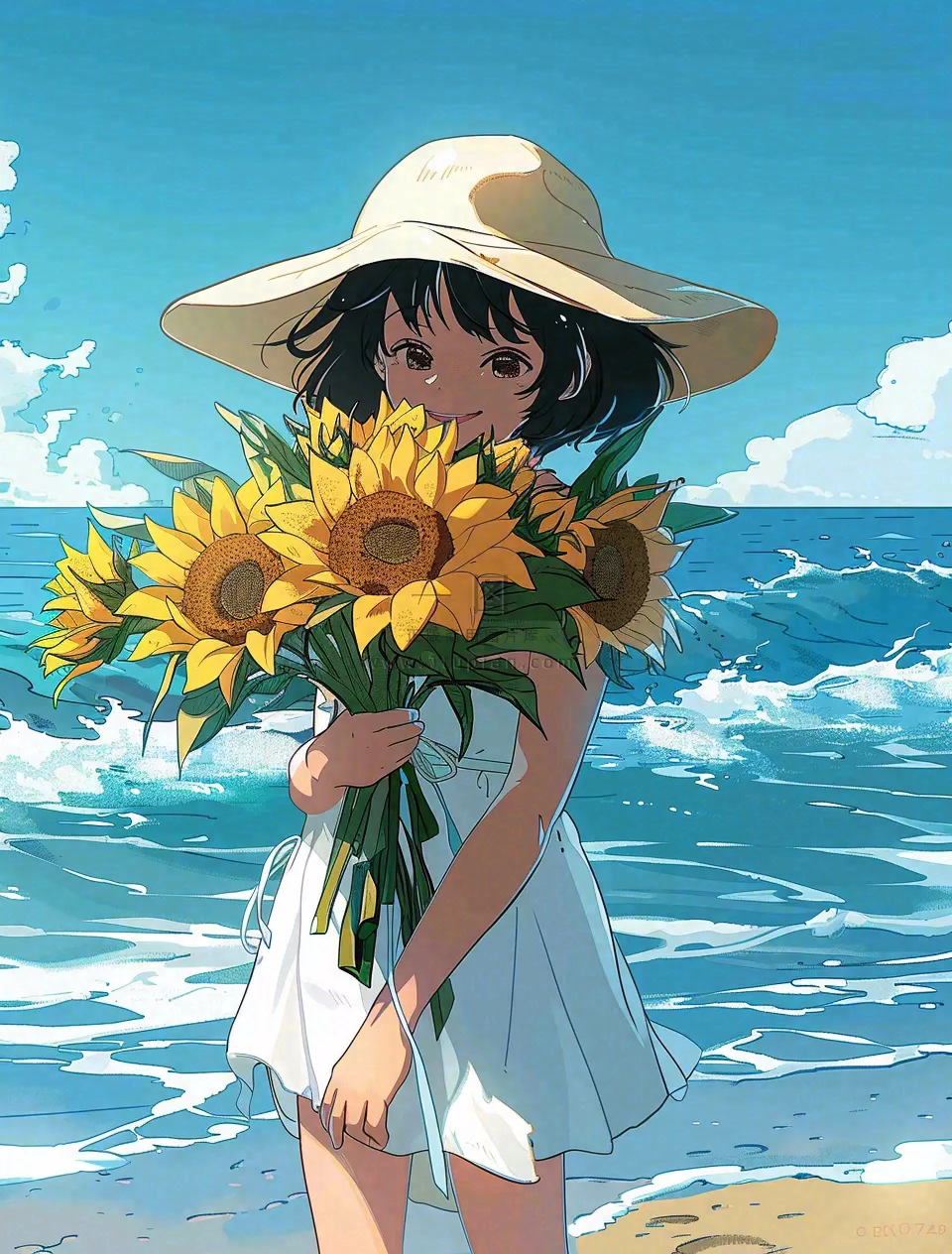 夏日海边女孩抱着一大束向日葵花束旅游游玩立夏夏至卡通插画背景