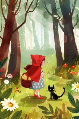 小红帽森林采蘑菇猫咪可爱童话儿童节卡通插画背景 小红帽森林采蘑菇猫咪可爱童话儿童节卡通插画背景