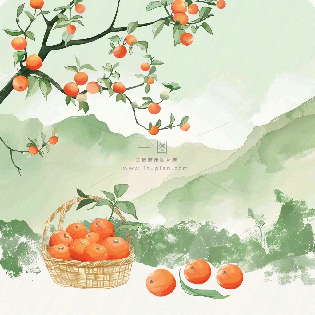 秋天丰收季果树成熟果篮橘子黄杏处暑立秋秋分卡通插画背景