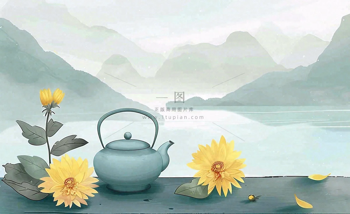 中国山水水墨画菊花饮茶重阳清明寒露插画背景
