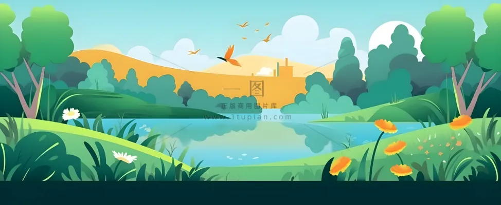 春夏森林山坡草地花草鸟绿植风景插画海报素材背景 春夏森林山坡草地花草鸟绿植风景插画海报素材背景