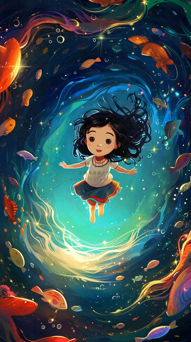 炫酷浪漫海洋海底水底可爱女孩手绘插画，鱼类水母生物