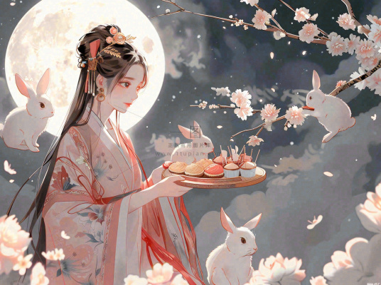 中秋节嫦娥玉兔月下嫦娥手捧月饼插图卡通唯美手绘可爱古风插画壁纸背景
