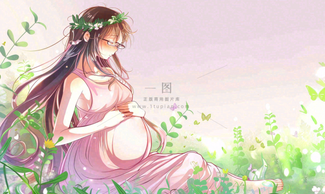 草丛鲜花里的孕妈妈唯美场景母爱母亲节粉色插画背景