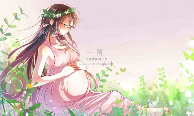 草丛鲜花里的孕妈妈唯美场景母爱母亲节粉色插画背景 草丛鲜花里的孕妈妈唯美场景母爱母亲节粉色插画背景
