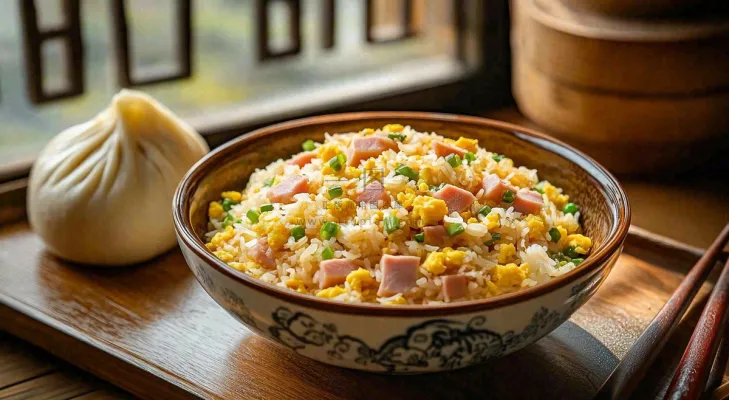 火腿肉丁炒饭鸡蛋美食主食摄影图