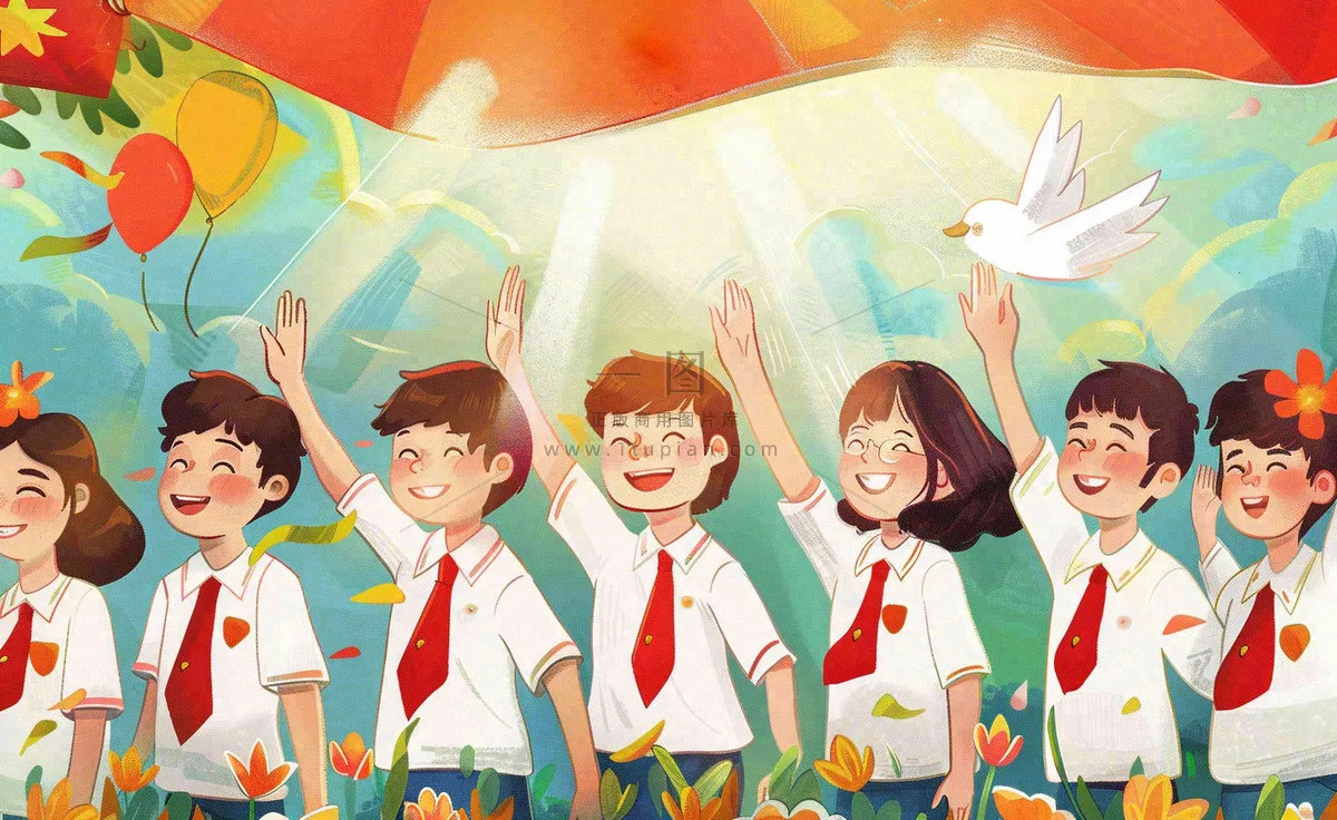 卡通红领巾学生举手旗帜和平鸽班长竞选祖国花朵国庆卡通插画背景