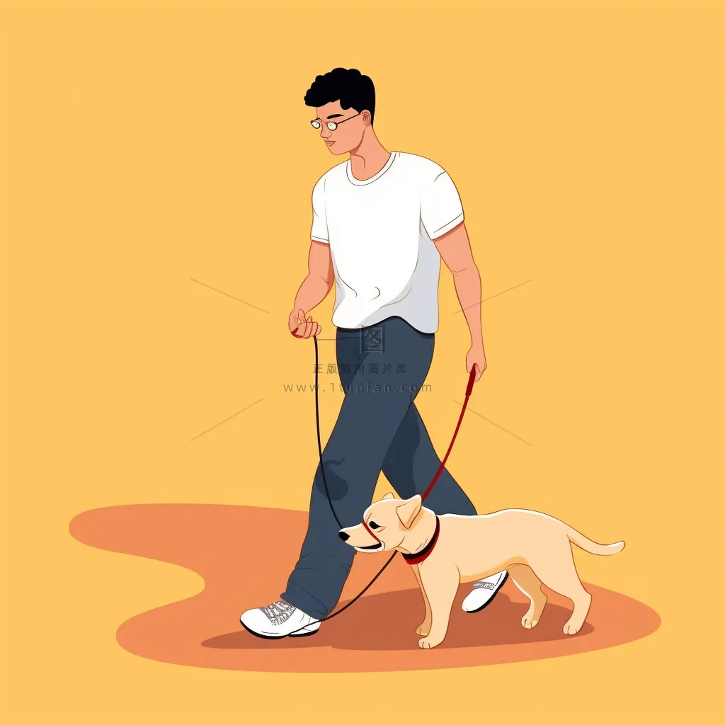 一位男生牵着狗狗遛狗橙色卡通插画背景