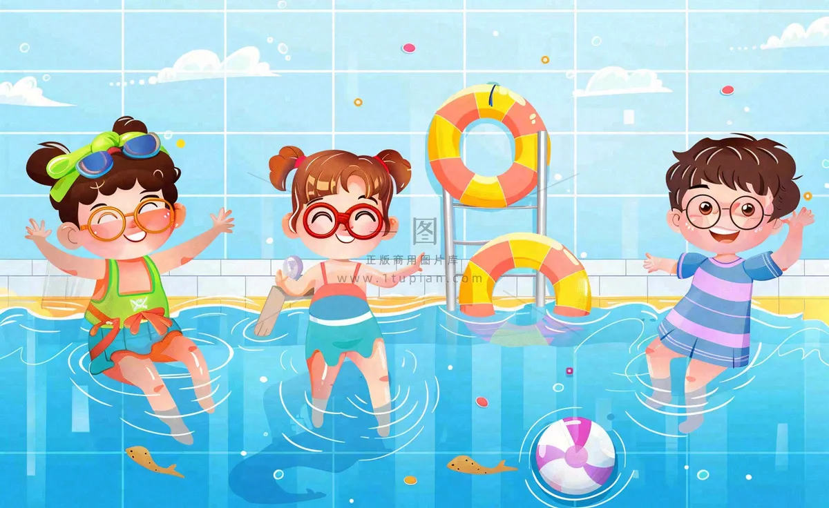 蓝色儿童夏天游泳池插画卡通夏日立夏夏至大暑小暑游泳插画背景