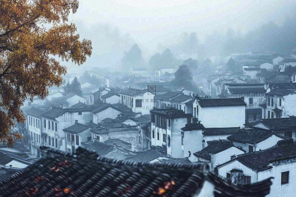 江南风景屋檐瓦舍雾村庄山林摄影图
