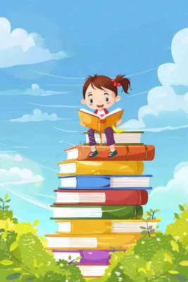 坐着书本课本上的学生儿童学习儿童节卡通插画背景 坐着书本课本上的学生儿童学习儿童节卡通插画背景