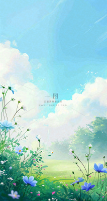 蓝天白云小花绿树树木草地插画手绘，春天春分
