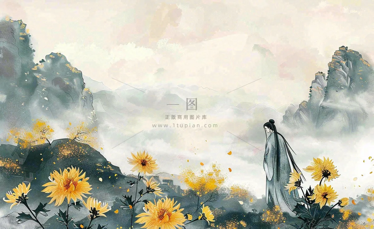 秋天古风水墨画山川菊花古风人物清明节重阳节插画背景