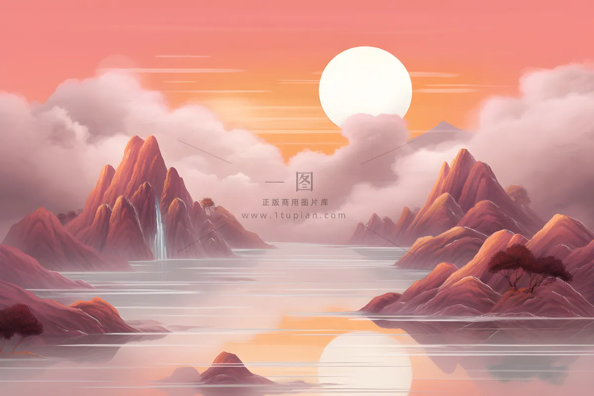 红色简约月光山脉背景
