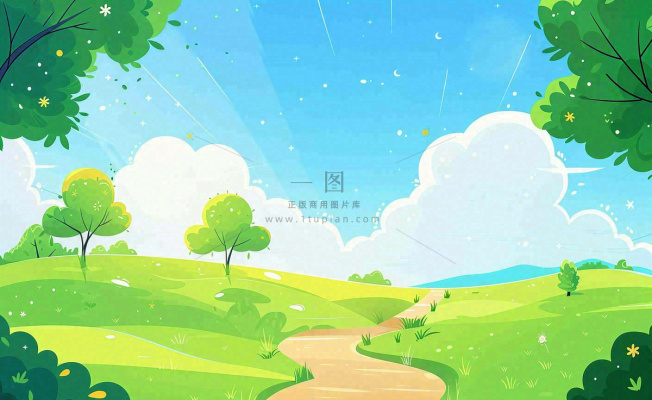 春日风景草地蓝天白云背景立春春分节气绿色卡通插画背景