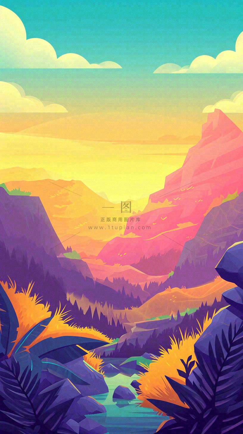 落日山脉河流小溪扁平手绘插画,旅行游玩登山郊游
