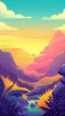 落日山脉河流小溪扁平手绘插画,旅行游玩登山郊游 落日山脉河流小溪扁平手绘插画,旅行游玩登山郊游