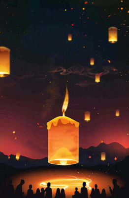 夜晚点灯孔明灯祈福中元节寒衣节插画背景 夜晚点灯孔明灯祈福中元节寒衣节插画背景