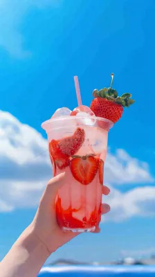 夏天阳光蓝天白云草莓饮料饮品果汁，清新摄影图