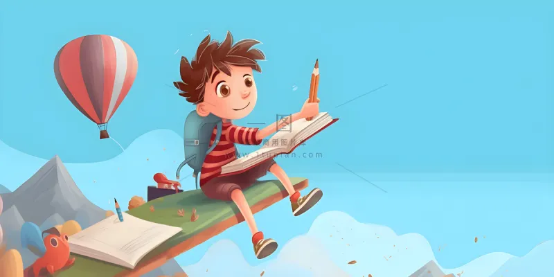 儿童放假写作业天空热气球卡通背景