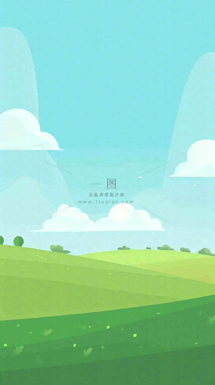 蓝天白云草地卡通扁平手绘插画春天绿色立春，春分